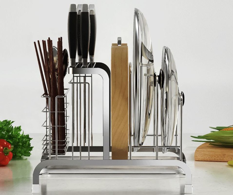 Polished Stainless Steel Stand For Kitchen , Grooves Support Metal Kitchen Shelves